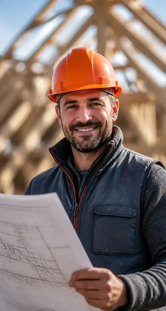 Artisan casqué étudiant un plan de toiture sur un chantier de construction