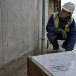 Décoffrage béton : ouvrier vérifie 5 MPa avant retrait des étais