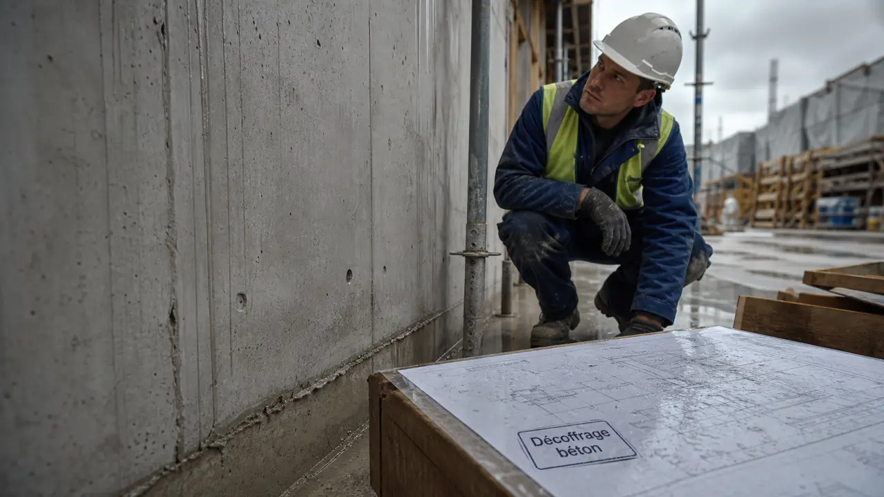 Décoffrage béton : ouvrier vérifie 5 MPa avant retrait des étais