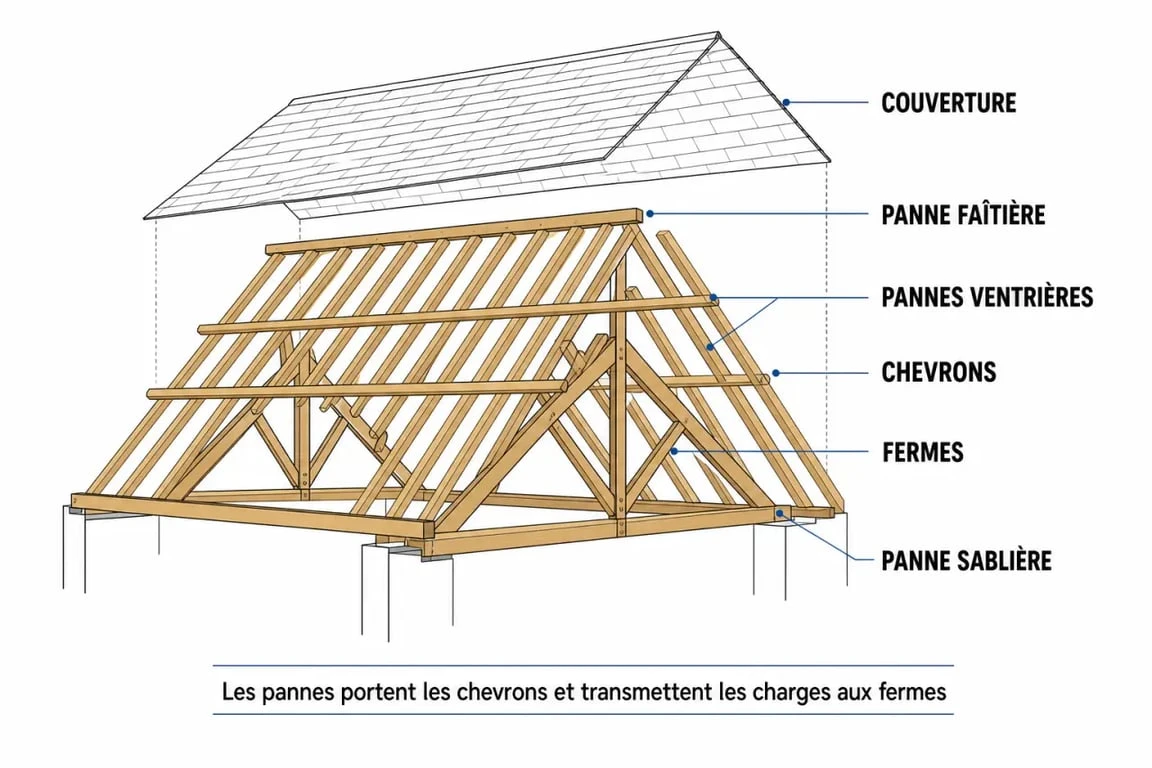 Schéma de panne charpente montrant faîtière, ventrières, sablière et chevrons