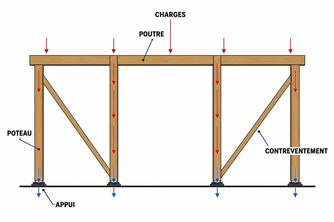 Schéma du poteau poutre illustrant la structure bois et le cheminement des charges
