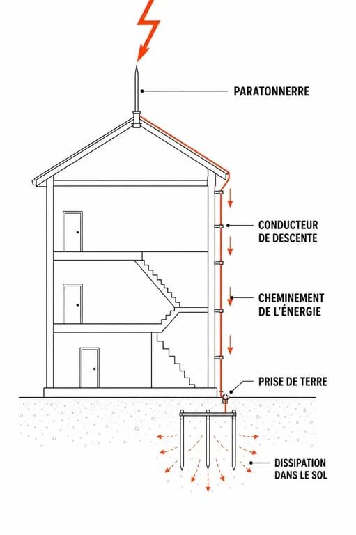 Schéma de fonctionnement d'un paratonnerre et protection contre la foudre pour maison individuelle