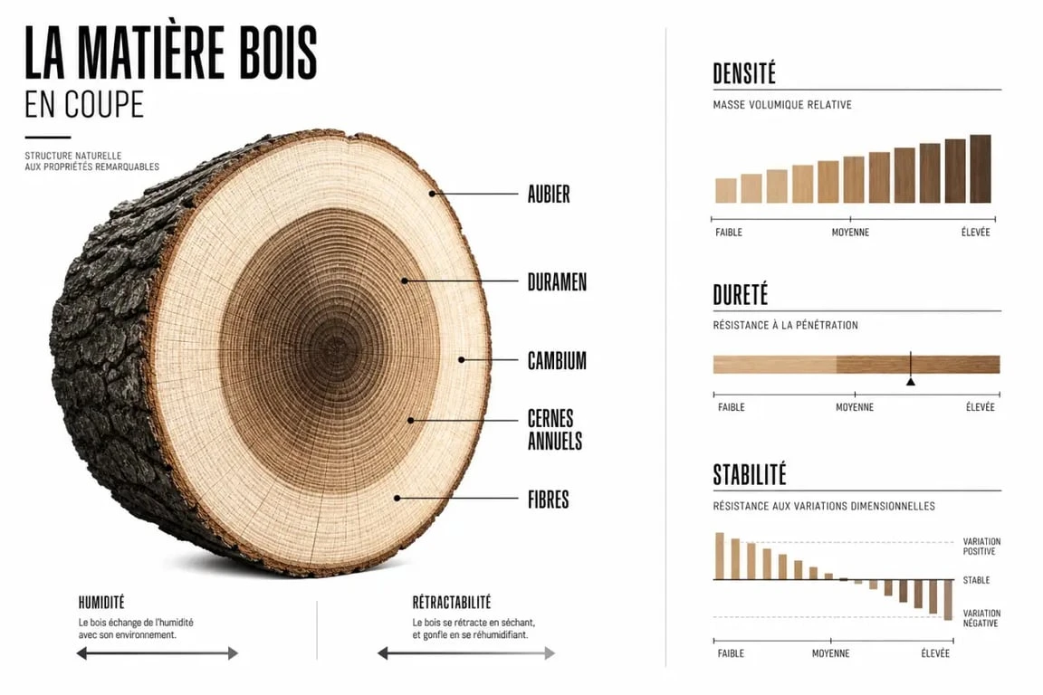 Schéma de la matière bois montrant l’aubier, le cambium et les cernes annuels