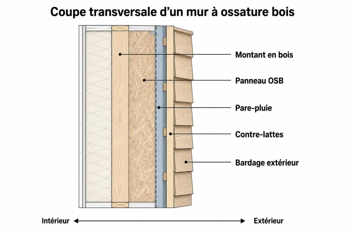 Schéma de la composition d'un mur à ossature bois avec section bois ossature