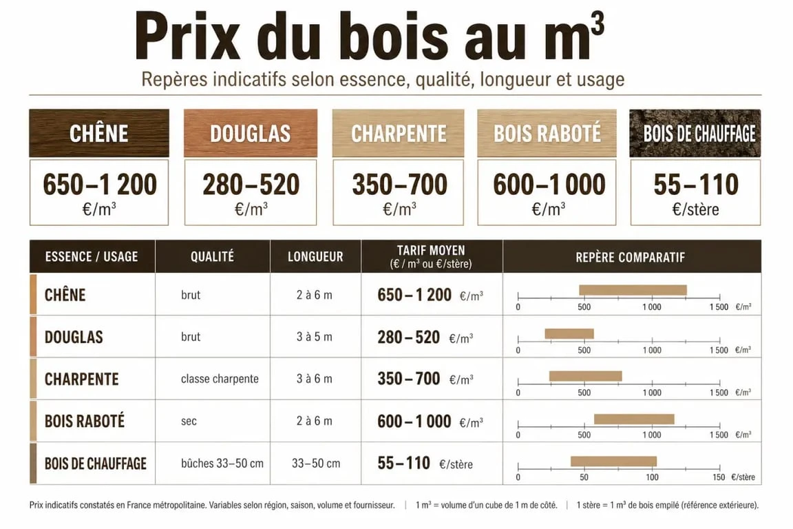 Prix bois au m3 : tableau comparatif des tarifs selon l’essence, la qualité et l’usage