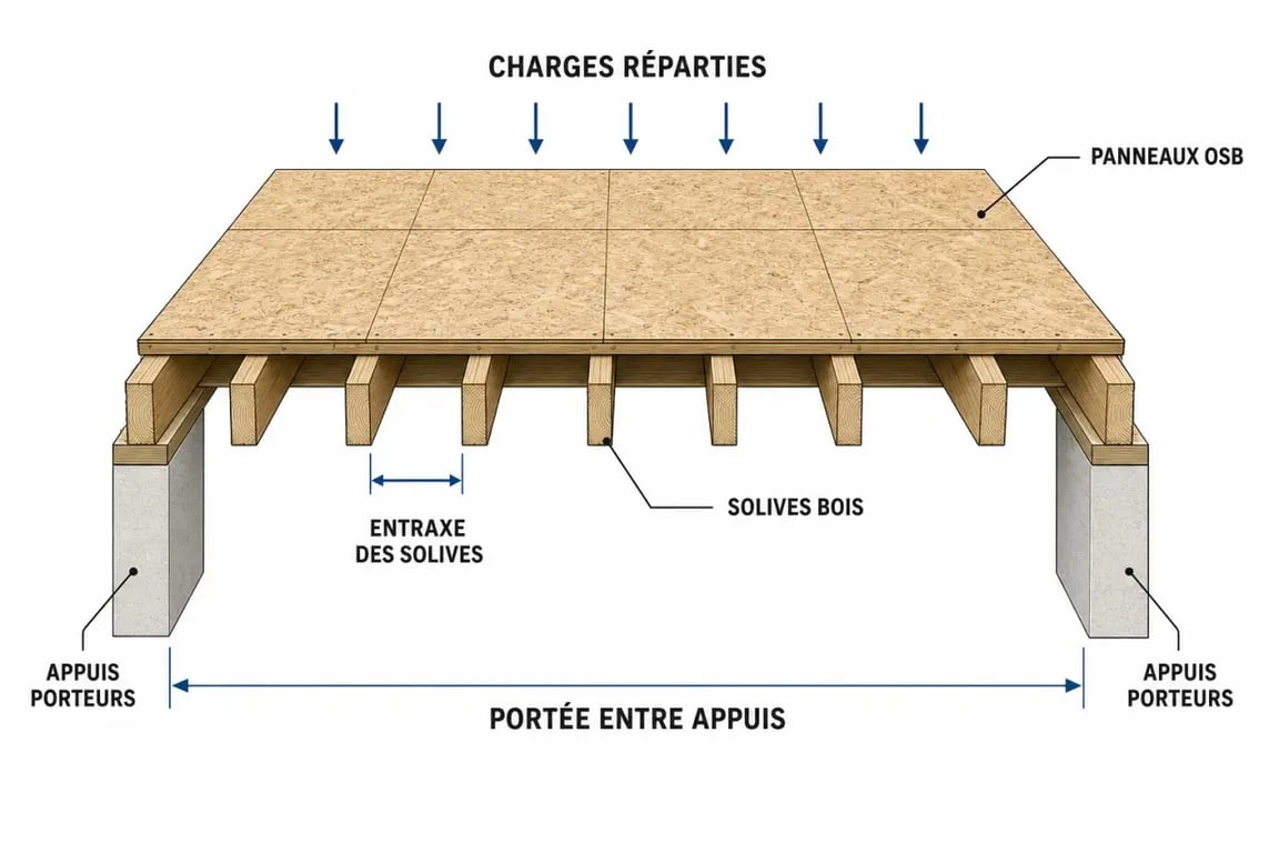 Abaque solivage : schéma d’un plancher bois montrant portée, entraxe et appuis