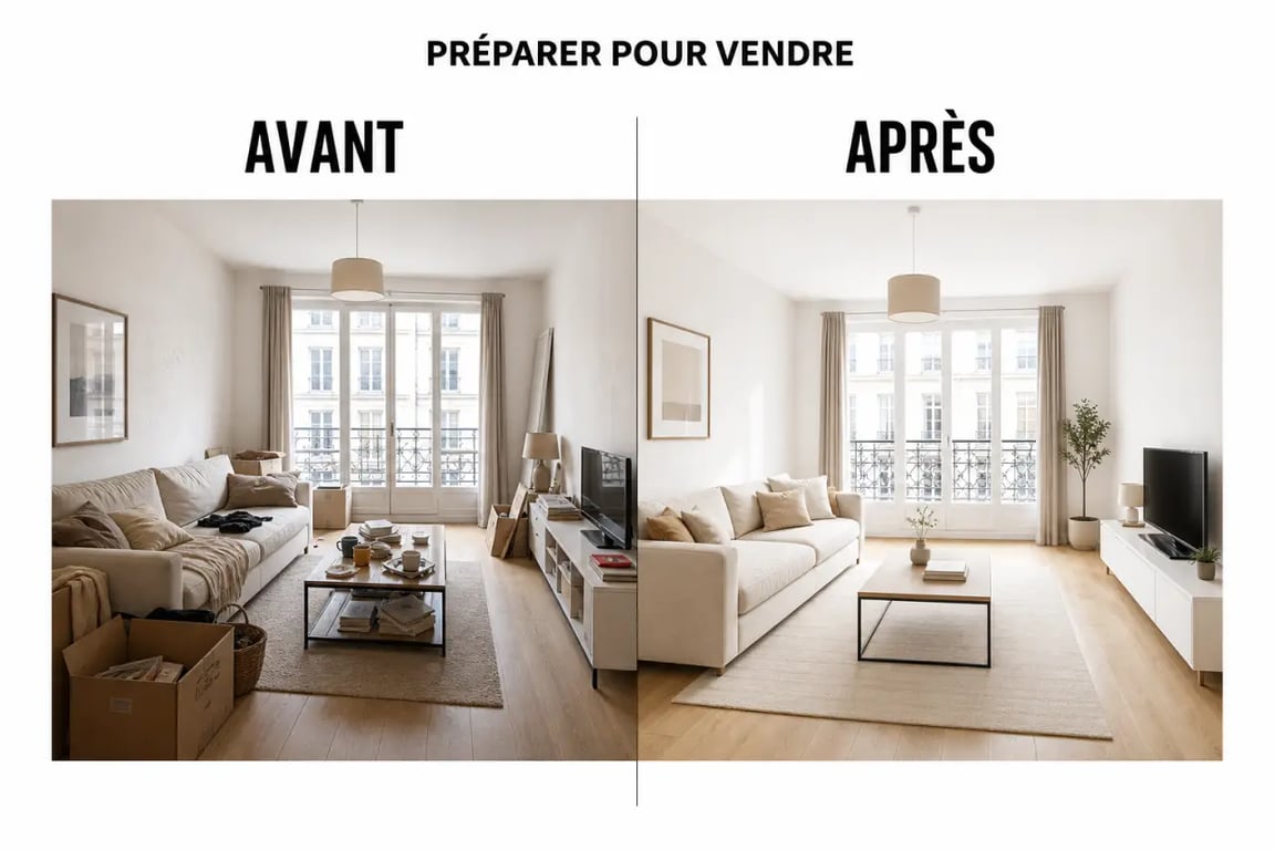 Comment valoriser son bien avant une vente immobilière réussie : salon désencombré et lumineux avant mise en vente