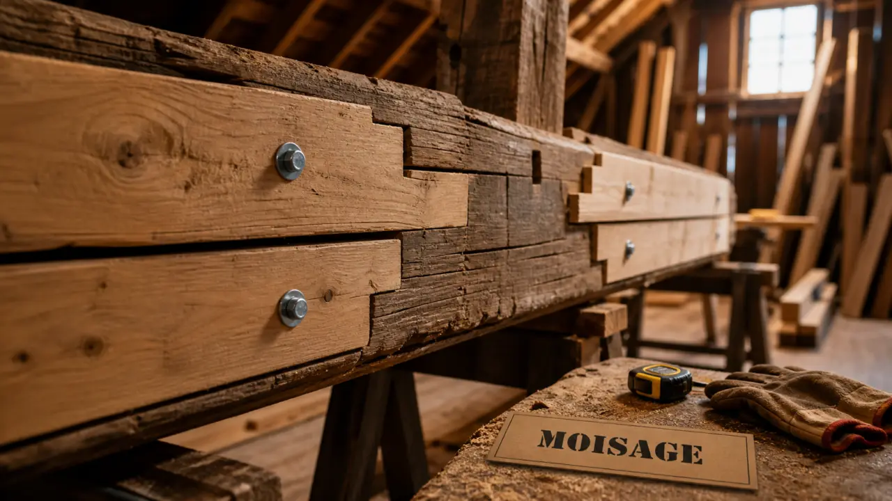 Moisage d’une poutre bois avec moises neuves et diagnostic