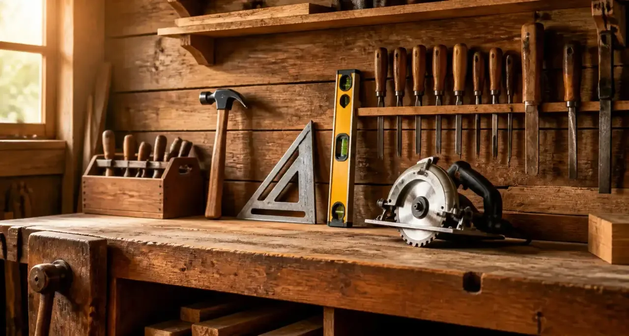 Outils de charpente sur un établi : marteau, équerre et scie