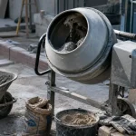 Bétonnière électrique en marche sur chantier, mortier et matériaux