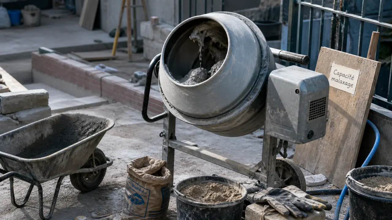 Bétonnière électrique en marche sur chantier, mortier et matériaux
