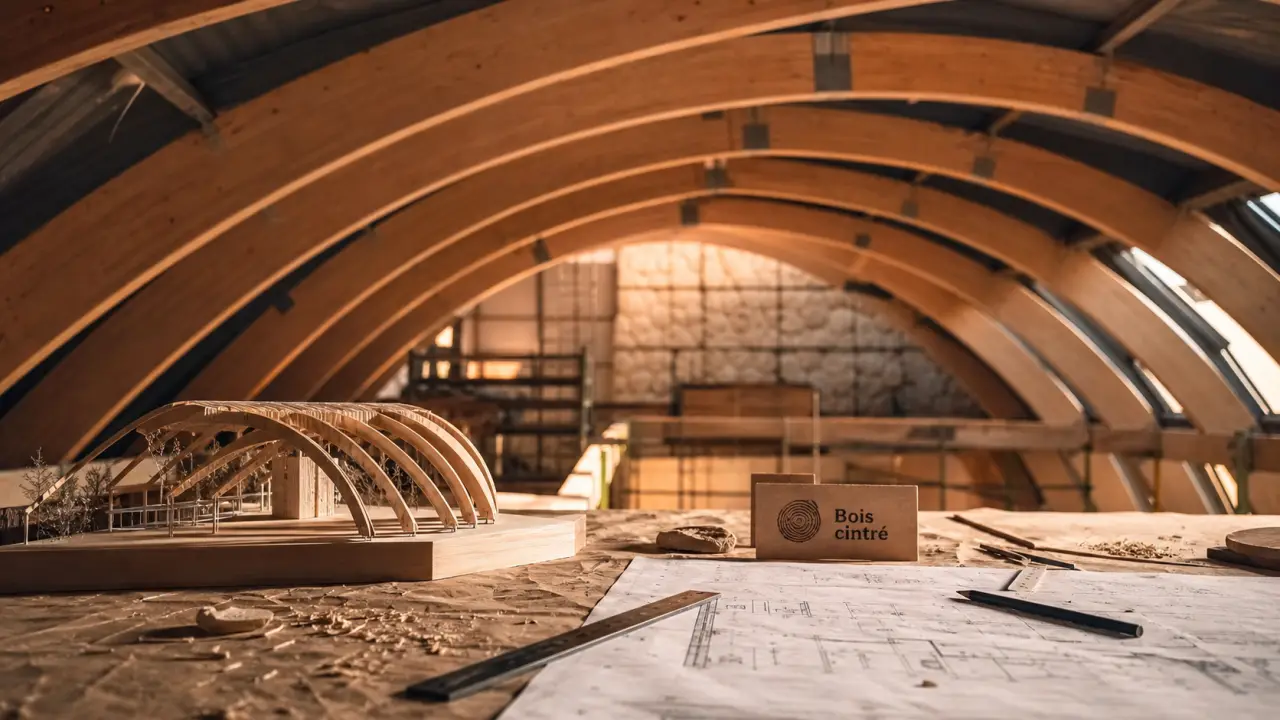 Charpente bois cintré en bois lamellé-collé, intérieur en construction, lumière rasante