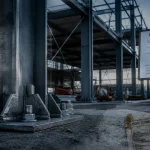 Charpente métallique detail : plan poutres, pannes et poteaux sur chantier
