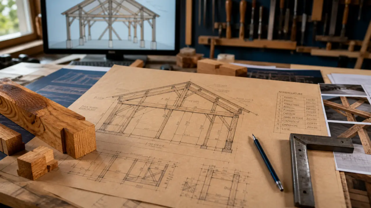 Dessin charpente bois coté, assemblages et plan avant la taille