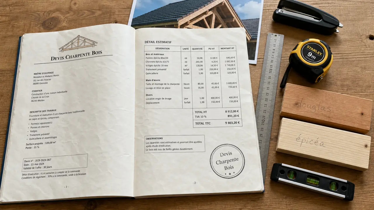 devis charpente bois sur table avec échantillons de bois