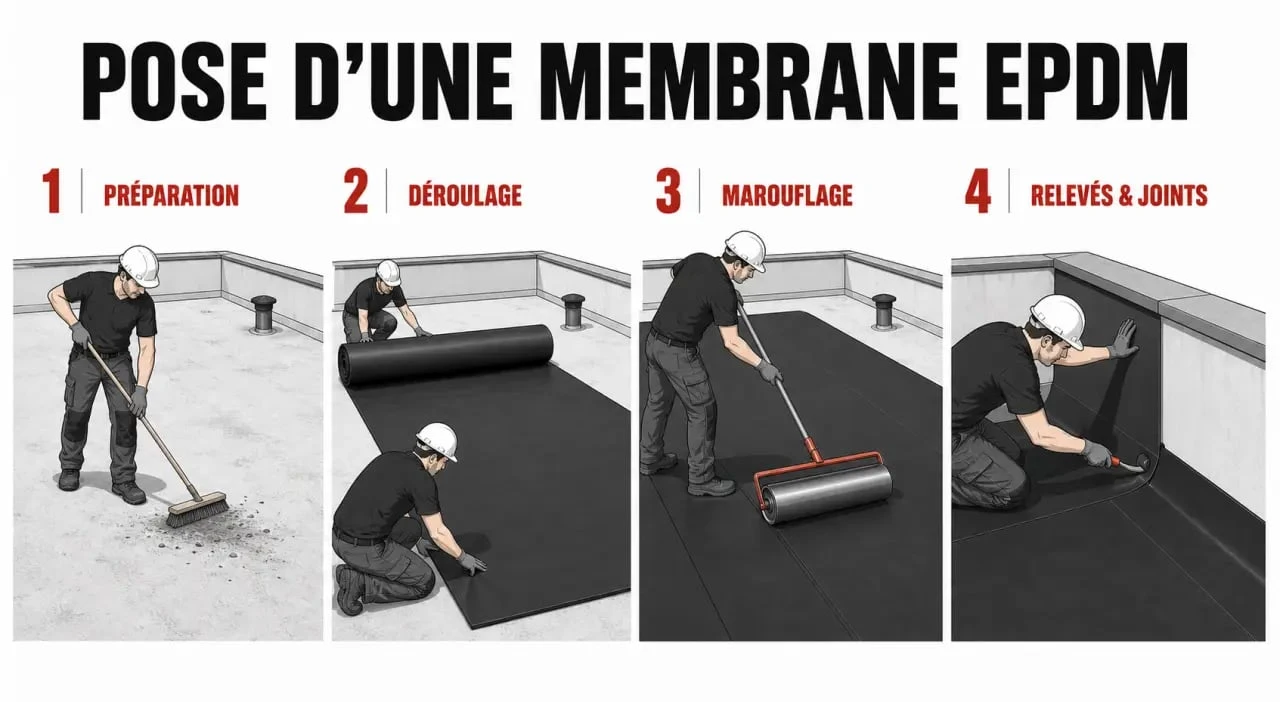 Membrane étanchéité toiture ElastoSeal Pro GS pose sur toiture plate, étapes de collage et de relevés