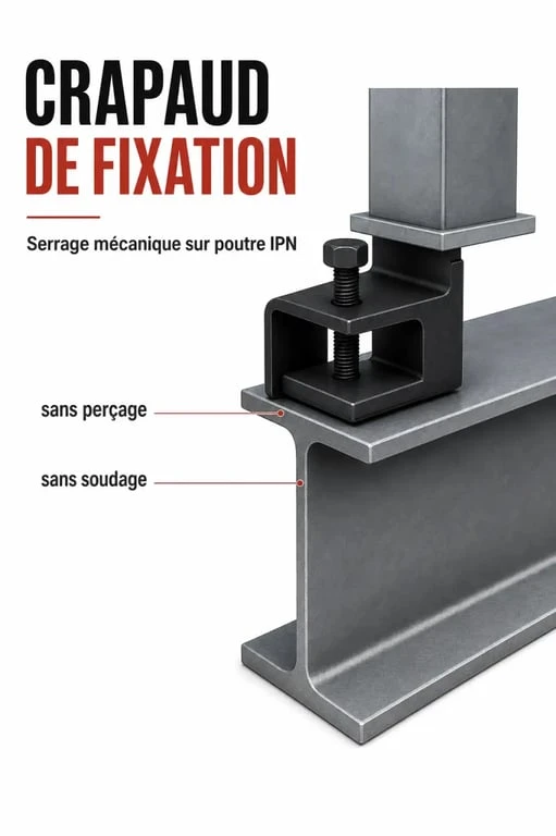 Crapaud charpente métallique fixé sur une poutre IPN par serrage