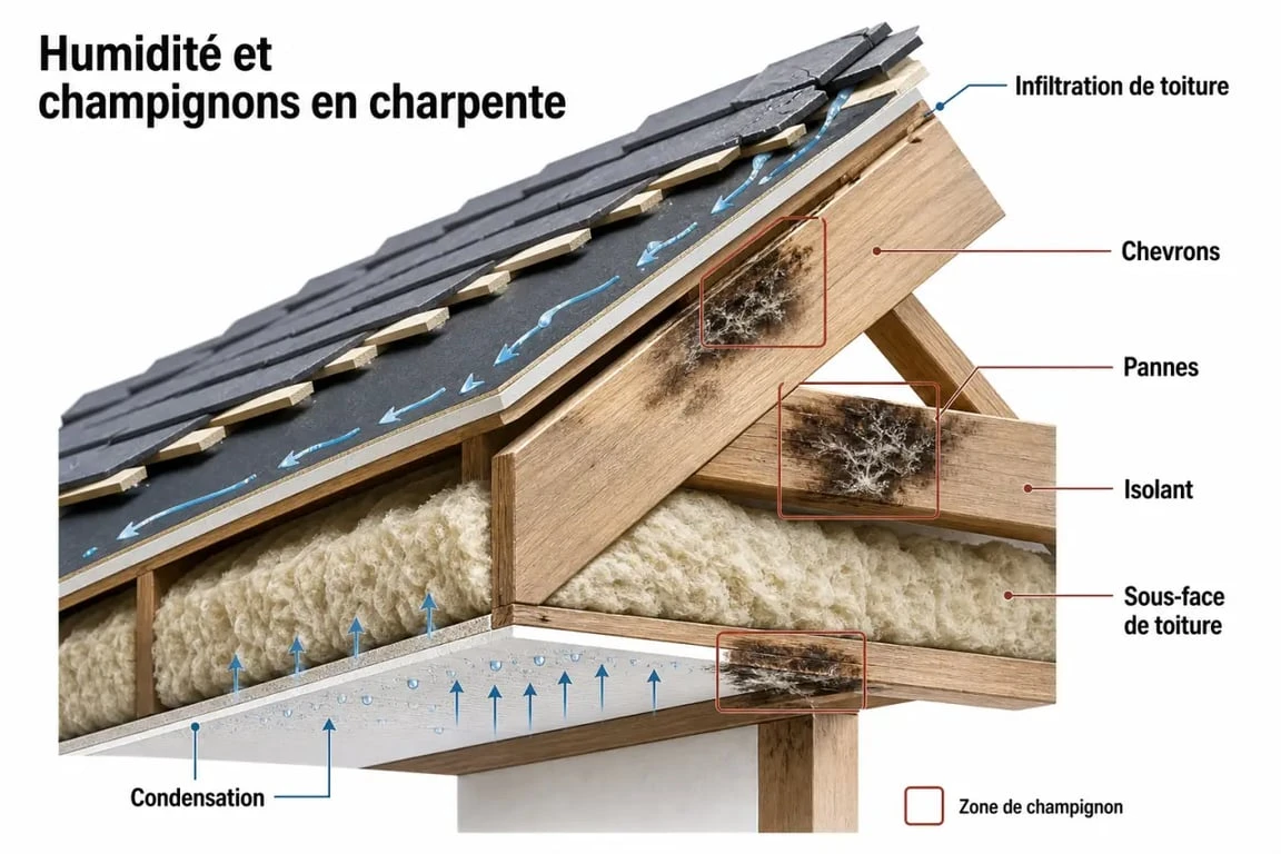 Champignon charpente dans une coupe de combles montrant les zones d’humidité et les points d’infiltration