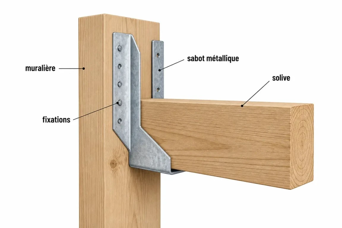 Sabot charpente en acier galvanisé fixé sur une muralière avec une solive, schéma technique simplifié