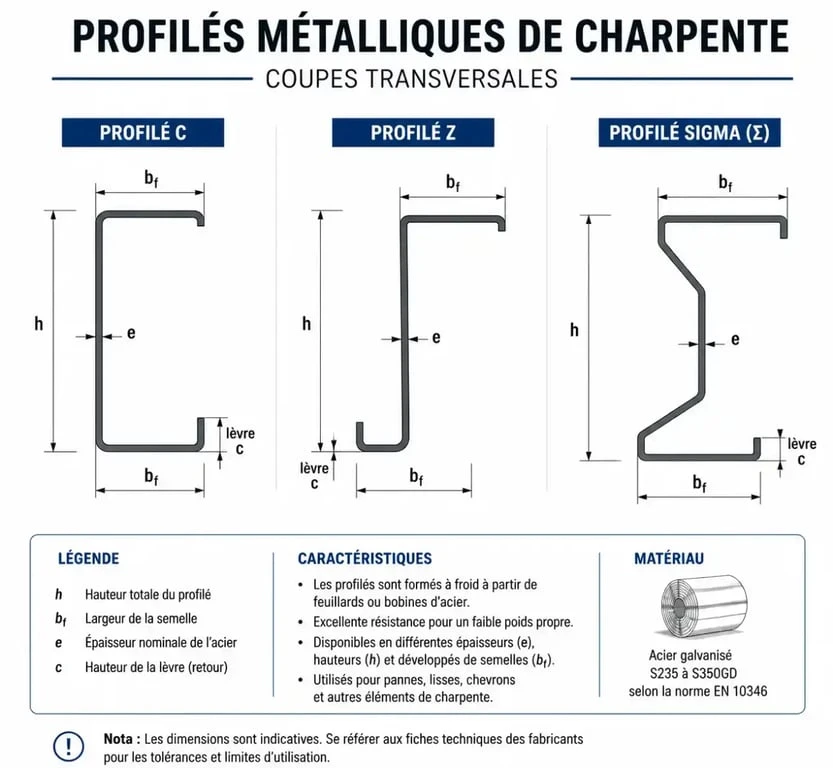 Schéma technique des différents types de pannes de charpente métallique : profilés C, Z et Sigma