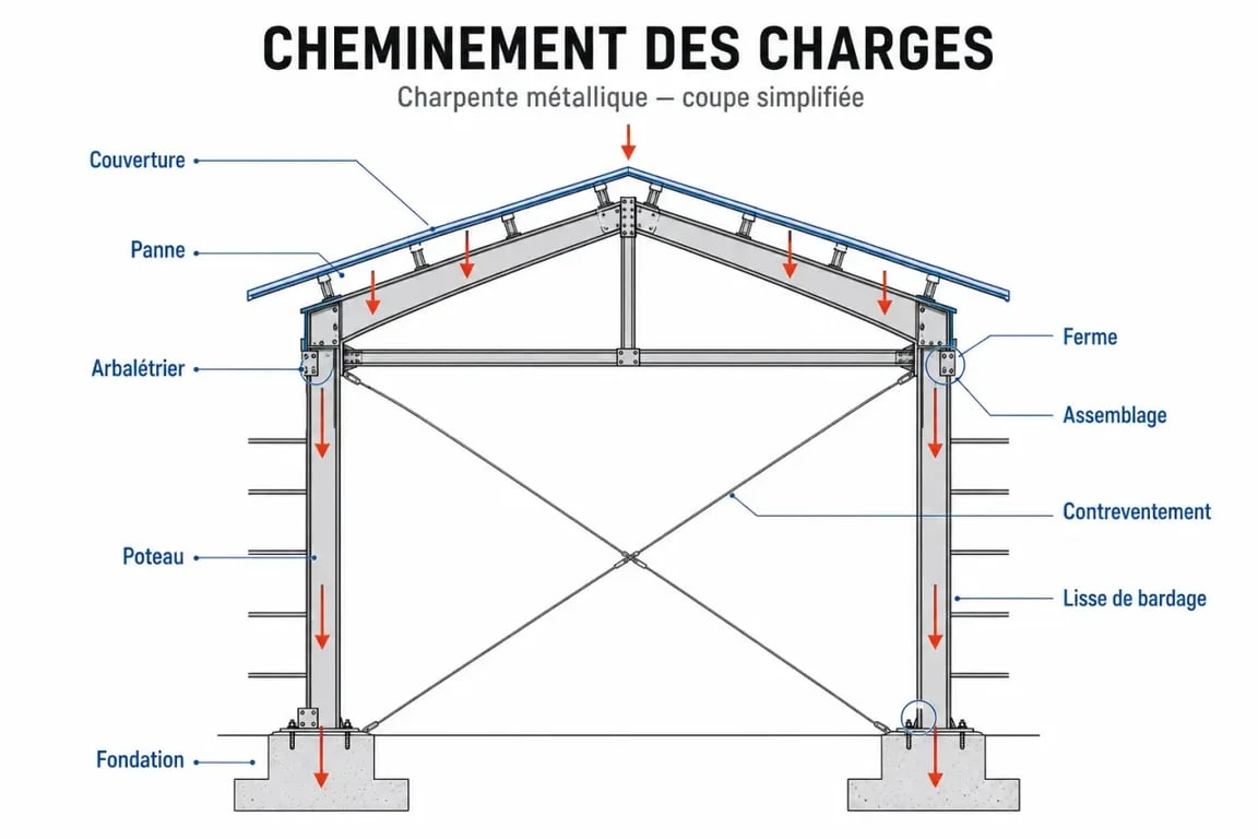 Charpente métallique detail : schéma du cheminement des charges et des principaux éléments de structure