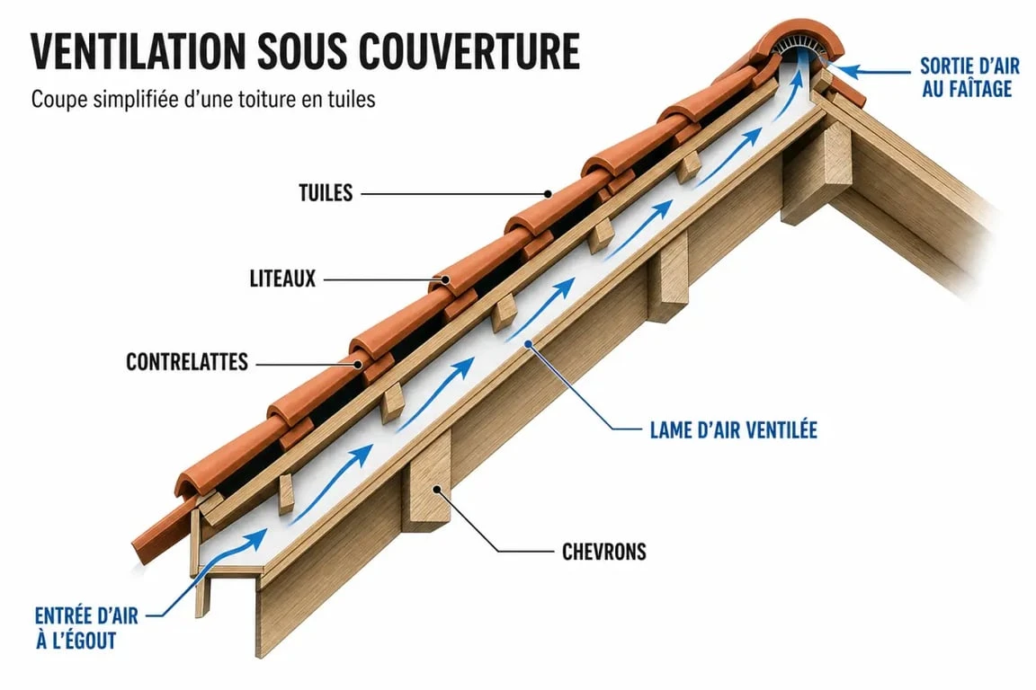 Liteaux toiture : schéma d’une coupe de toit montrant tuiles, liteaux, contrelattes et chevrons