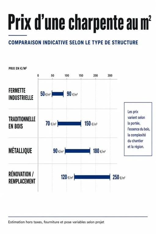 Prix charpente m2 : comparaison visuelle des fourchettes selon le type de charpente