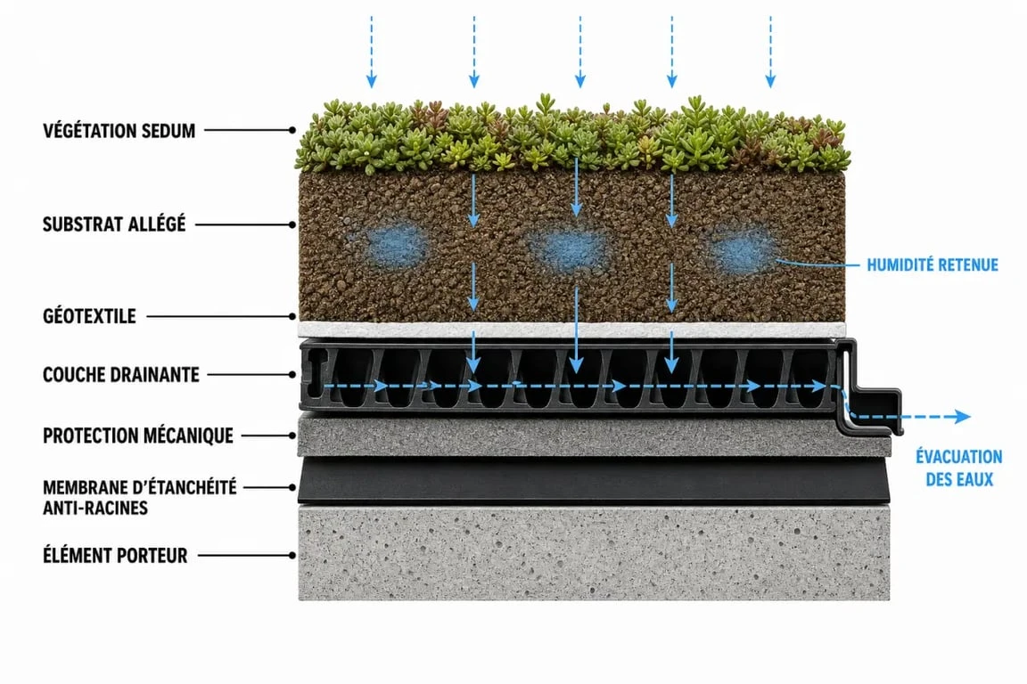 Toiture végétalisée en coupe avec les couches techniques, le drainage et la membrane anti-racines