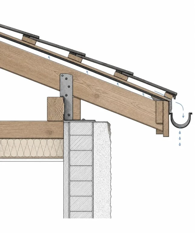 Détail charpente bois en coupe simplifiée montrant appui, assemblage et protection contre l’humidité