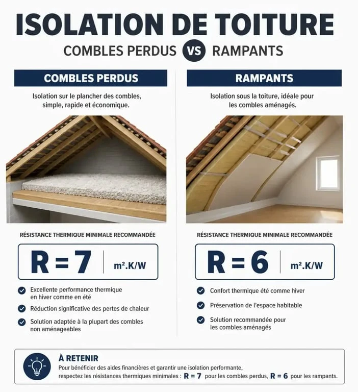 Infographie comparative des seuils de résistance thermique pour le certificat de conformité isolation combles