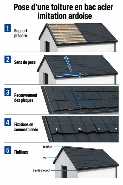 Pose bac acier imitation ardoise avec support, recouvrement et accessoires