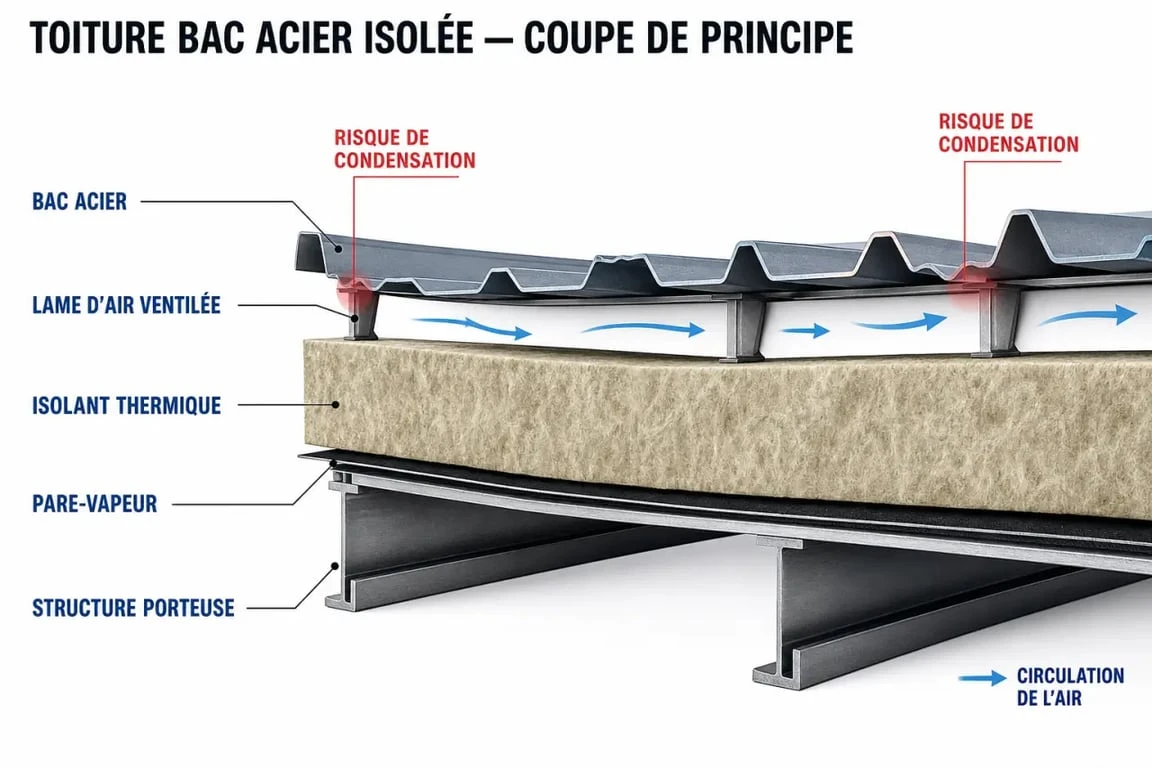 Toiture bac acier isolation en coupe simplifiée avec couches techniques et circulation d’air
