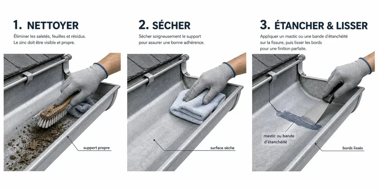 Kit réparation gouttière zinc : étapes de pose sans soudure sur une gouttière