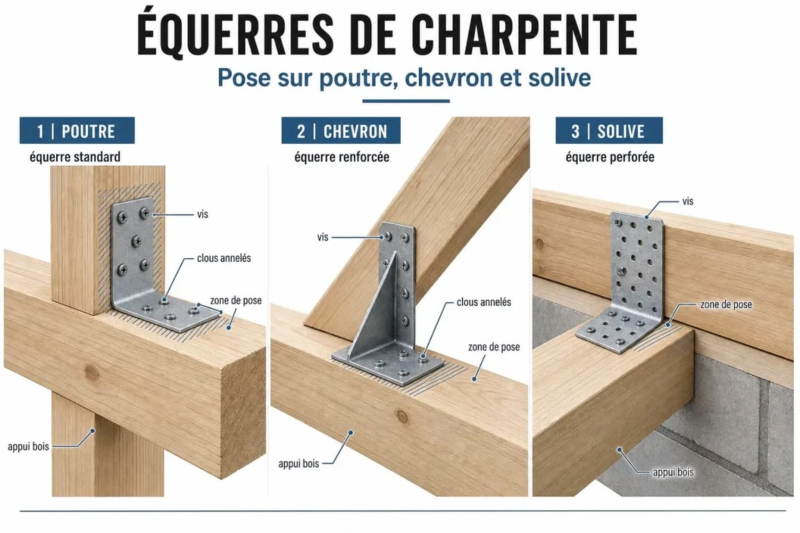 Schéma technique d’une equerre charpente sur poutre, chevron et solive