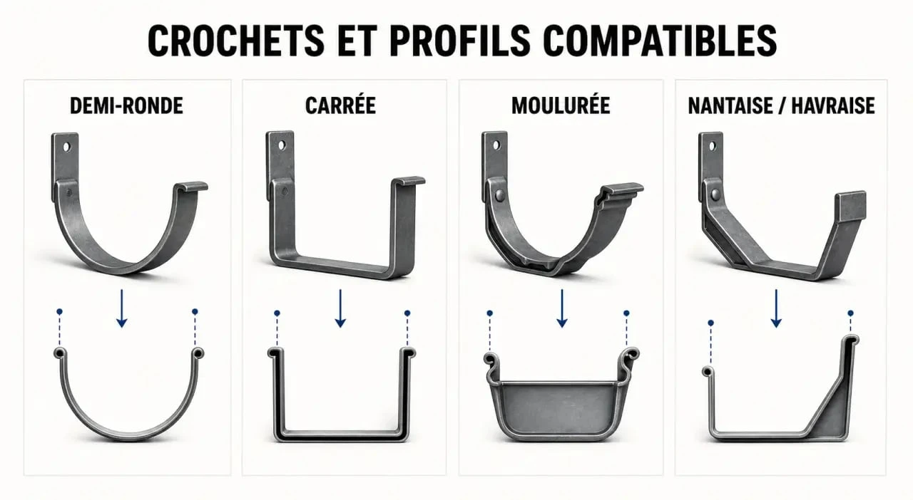 Crochet pour gouttière : comparaison des profils compatibles demi-ronde, carrée, moulurée et régionale