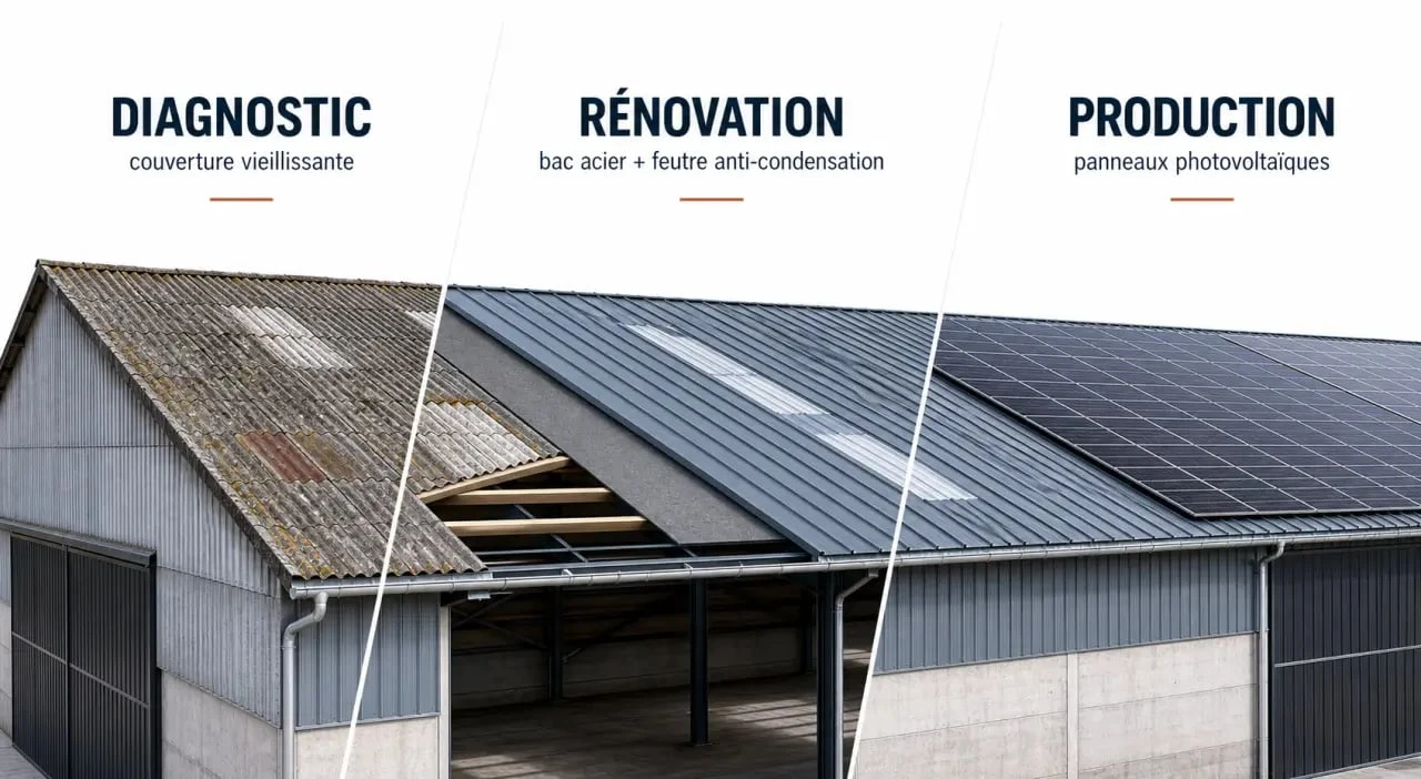 Rénovation toiture bâtiment agricole d’un hangar agricole avec bac acier, zones translucides et panneaux photovoltaïques