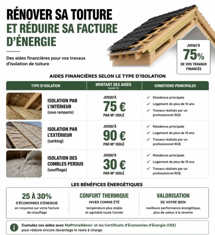 Infographie des aides à la rénovation de toiture et isolation thermique