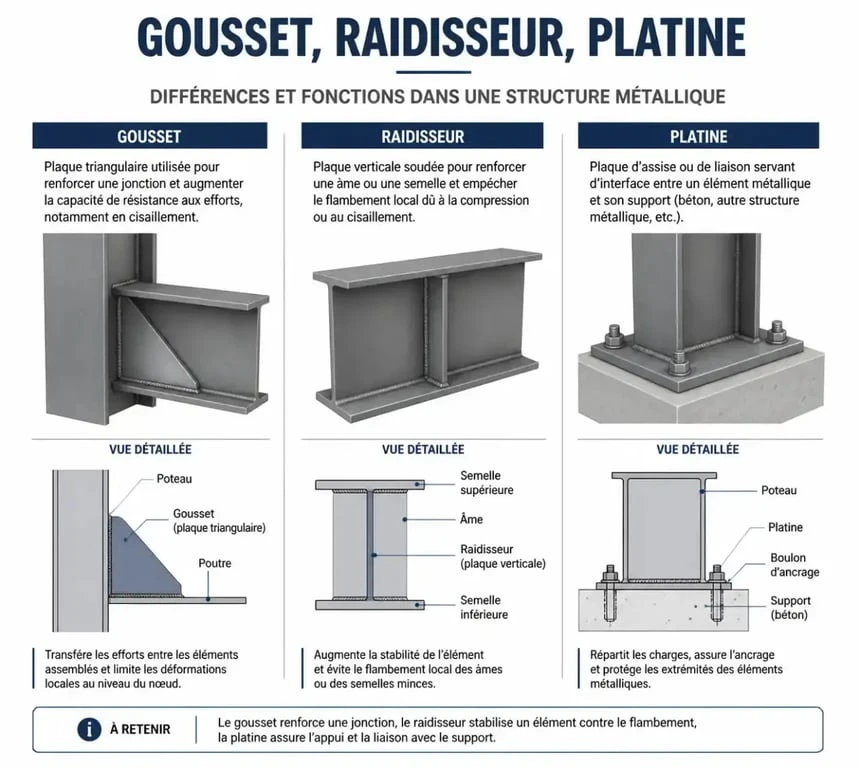 Différence entre gousset, raidisseur et platine dans une structure métallique