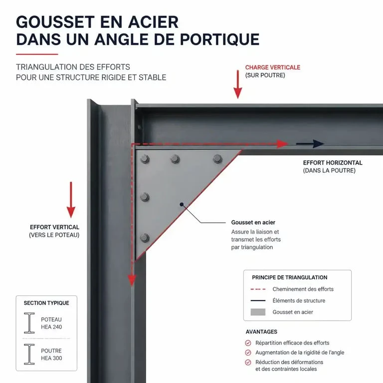 Schéma technique de positionnement d'un gousset en charpente métallique pour renforcer un angle de portique