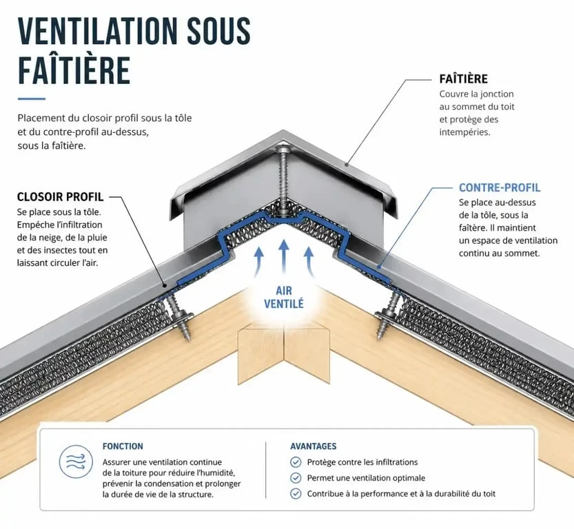 Schéma technique de pose d'un closoir pour bac acier avec profil et contre-profil