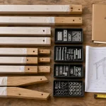 Kit charpente bois : pièces et plan sur table de travail