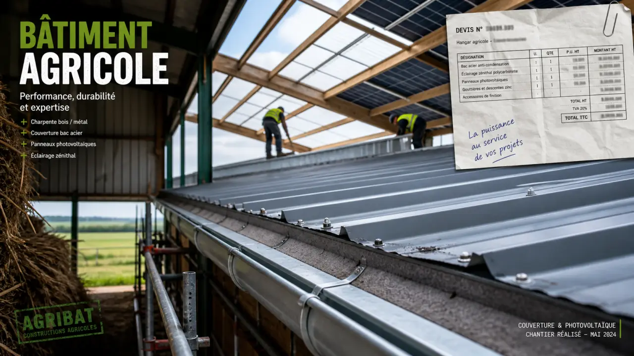 Rénovation toiture bâtiment agricole : bac acier et panneaux solaires