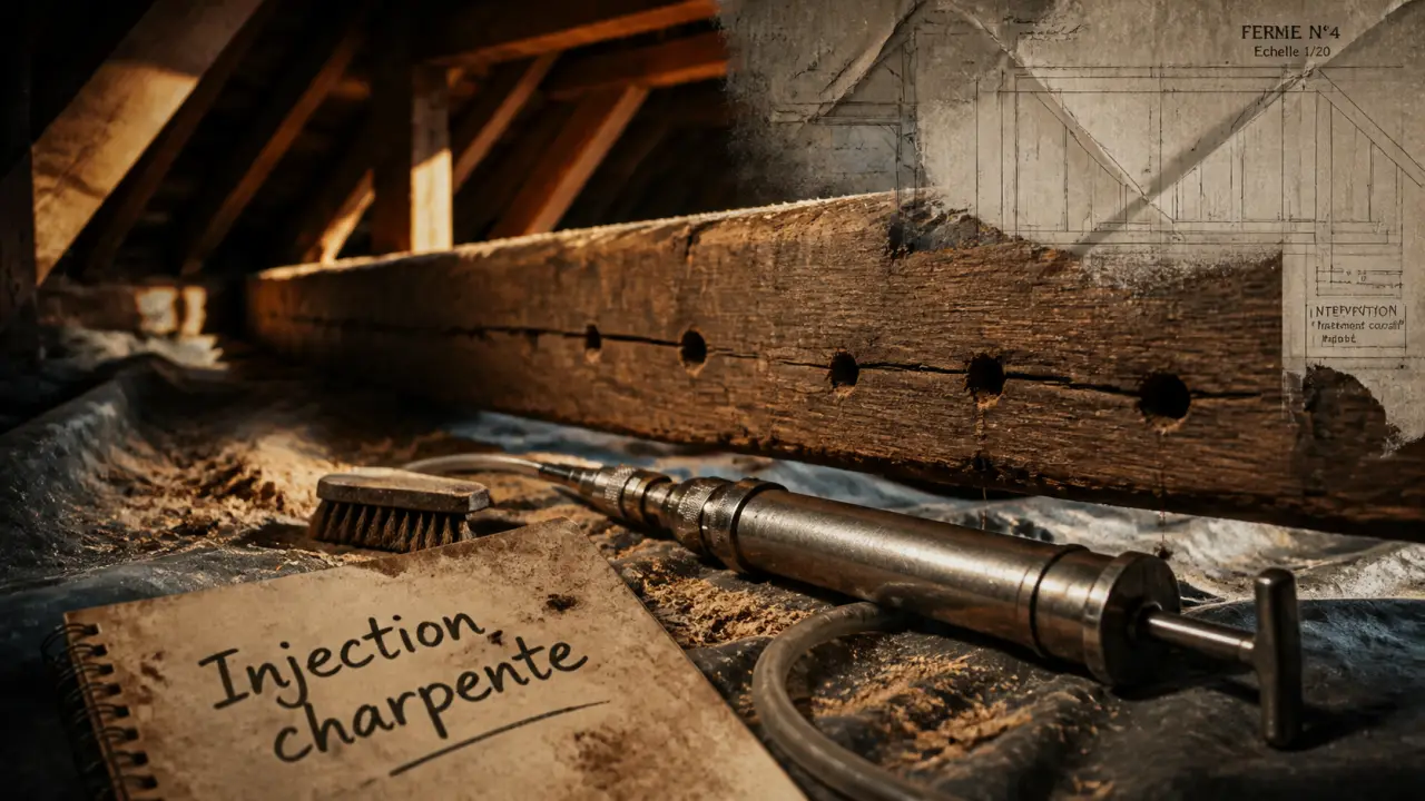 Traitement de charpente par injection : poutre en chêne percée et injectée
