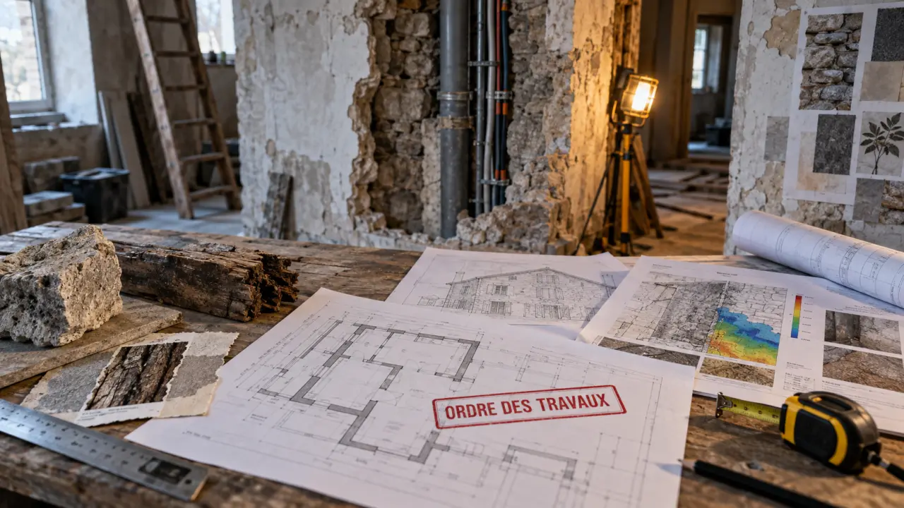 Aide à la rénovation maison ancienne : table avec diagnostic humidité et plans de travaux