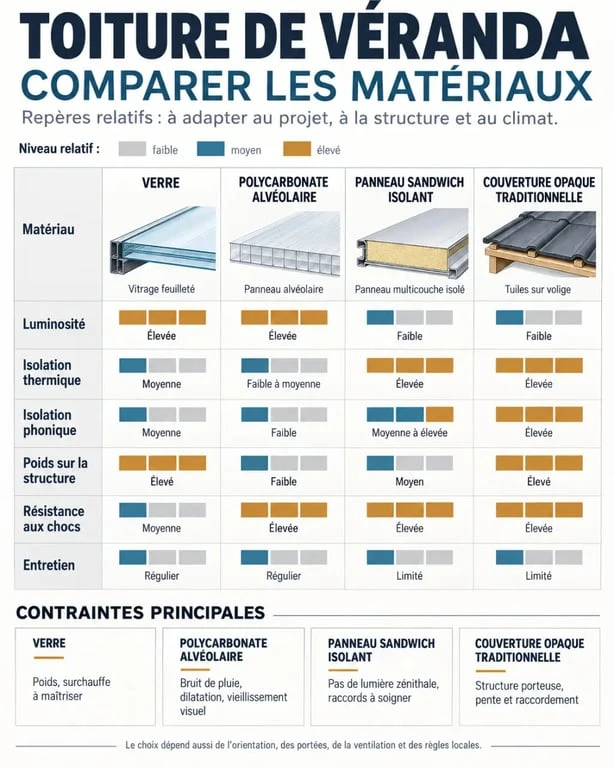 Infographie comparative des matériaux pour une toiture de véranda