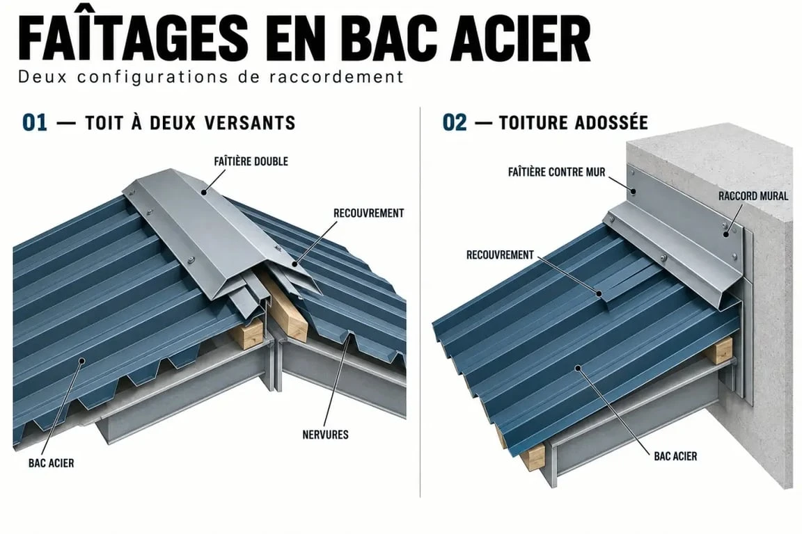 Schéma d’une faitiere bac acier double pan et contre mur