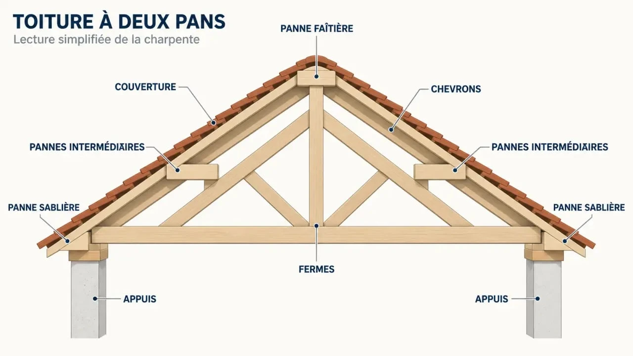 Schéma simplifié d’une panne de charpente faîtière, intermédiaire et sablière dans une toiture