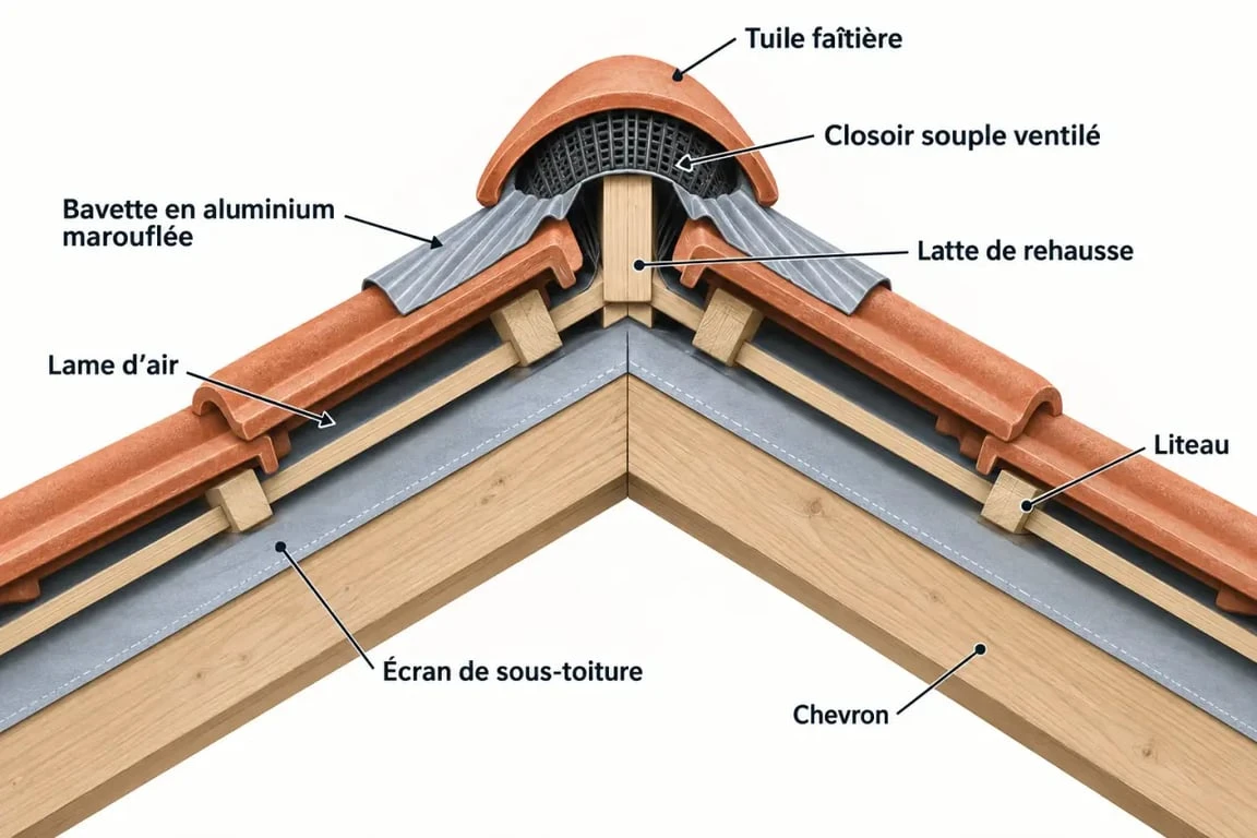Schéma annoté d’un closoir toiture ventilé sous les tuiles faîtières