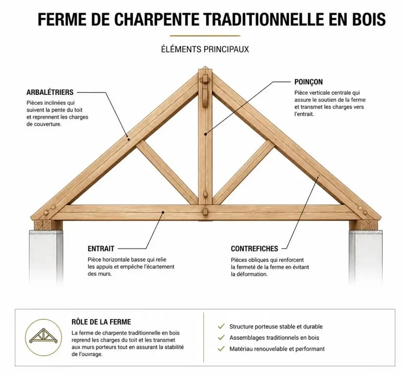 Schéma explicatif des composants d'une ferme de charpente traditionnelle en bois pour comprendre le vocabulaire charpente
