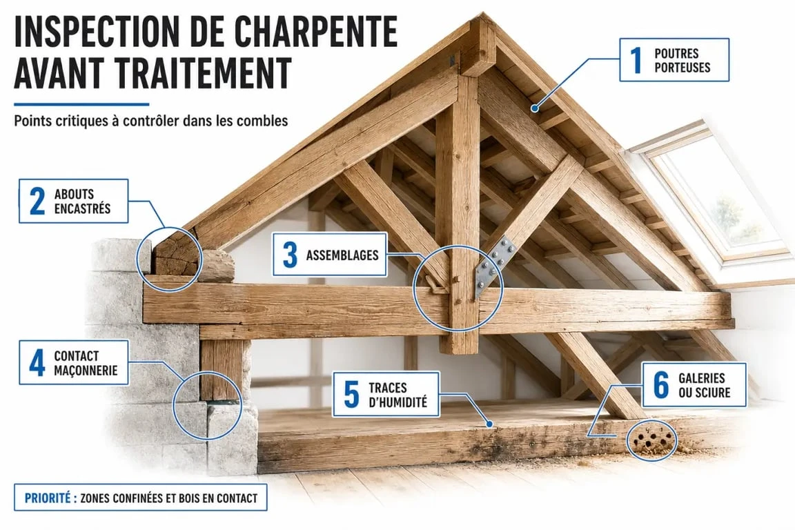 Traitement de charpente par pulvérisation et inspection des signes à vérifier avant intervention